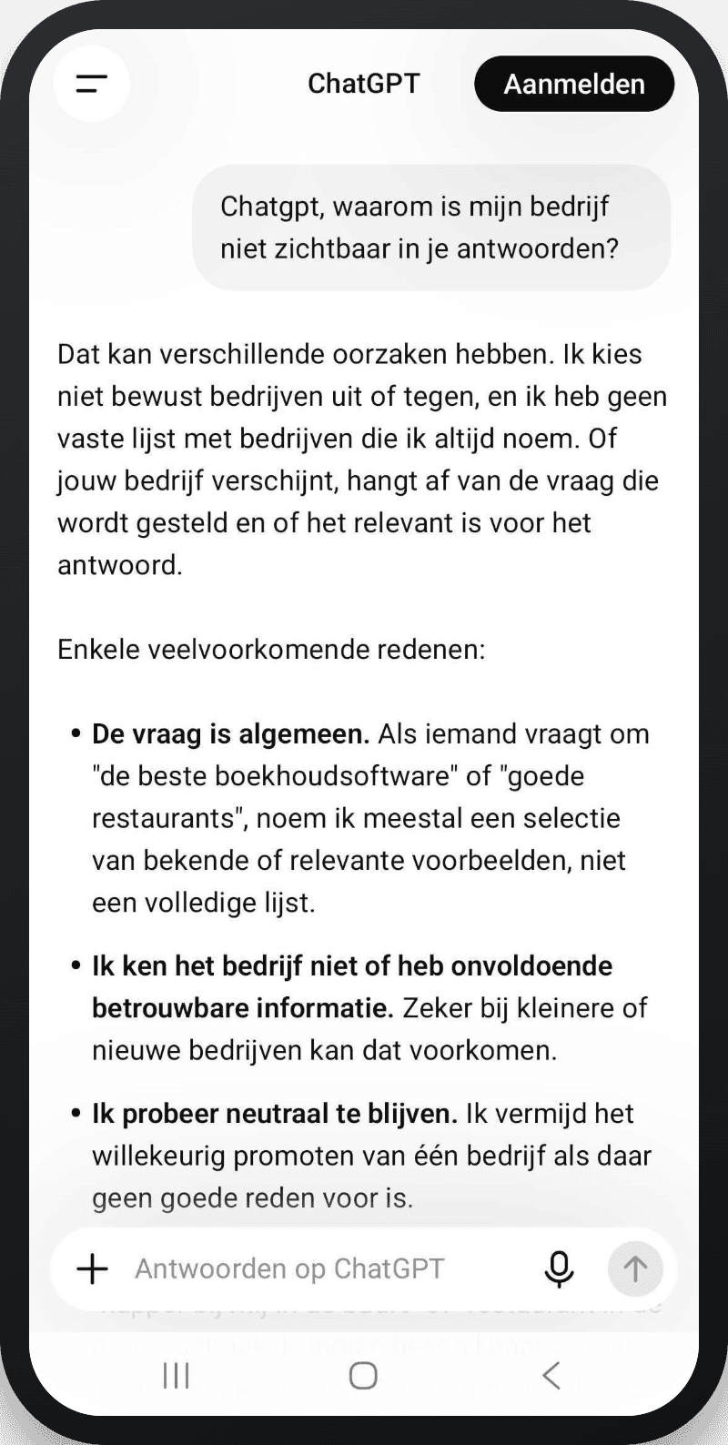 Schermafbeelding van een ChatGPT-gesprek waarin gevraagd wordt waarom een bedrijf niet zichtbaar is in de antwoorden